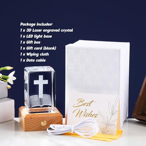 Arikyrist 3D Crystal Cross and Bible Gifts with Wooden Colorful LED Base