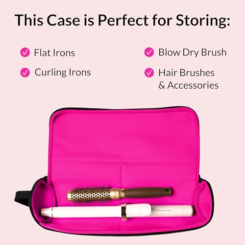 KUSSHI Travel Hair Tools Case - Heat Resistant, Machine Washable Neoprene Hair Accessories Case For Hot Tools, Flat Irons and Airwrap-Style Tools (Black/Pink) Black/Pink