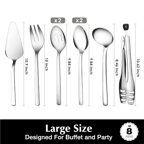 KINGSTONE 8 piece Large Hostess Serving Utensils Set,18/10 Stainless Steel Silver