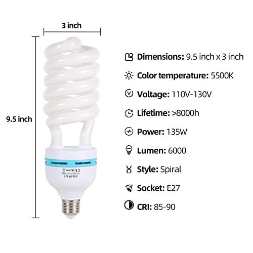 2 x 135W Photography Light Bulb 5500K E27 Socket CFL Softbox Bulb for Photography Photo Video Studio Lighting 2 Pack