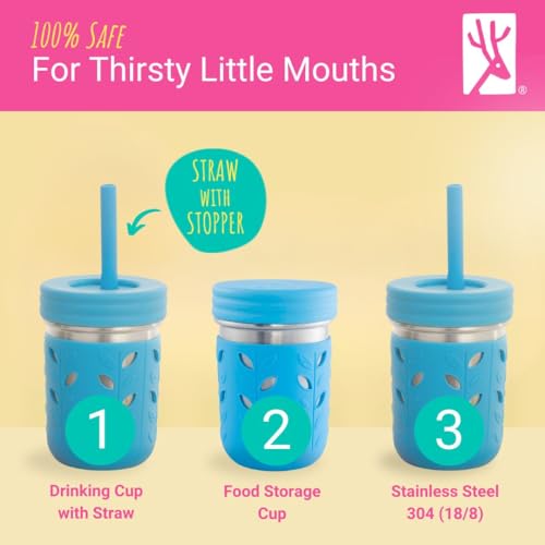 Elk and Friends Kids 10oz Stainless Steel Mason Jars + Sleeves + Lids | 4pk Pink/Teal/Yellow/Blue