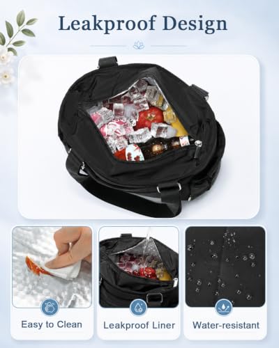 Black KEILAICO large leakproof insulated lunch bag for women, soft tote with 10L capacity, ideal for carrying meals comfortably.