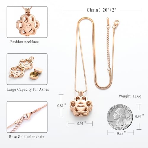 Pet Cremation Jewelry For Ashes For Dog/Cat Paw Stainless Steel Memorial Locket Urn Necklace Inside Mini Case Keepsake Cremation Jewelry Women Men Rose Gold