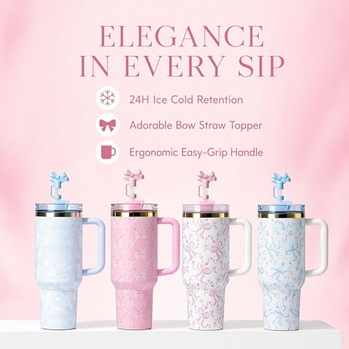 40 oz Tumbler with Handle and Straw,40 oz Stainless Steel Insulated Bow Water Bottles with Lid and Straw Coquette Bowknot Travel Birthday Gifts for Women Friend Holiday-Baby Bow Pink Peppermint Baby Bow Pink Peppermint 40 Ounces