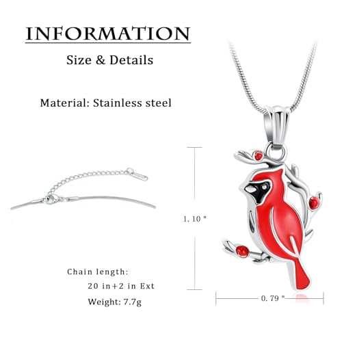 constantlife Cardinal Urn Necklace for Ashes Stainless Steel Red Blue Bird Pendant Cremation Keepsake Human Pet Memorial Jewelry for Women Men