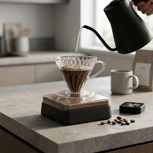 Digital Coffee Scale with Bowl 0.1g High Precision Kitchen Scale Wodden Coffee Scale Electronic Food Weighing Espresso Scale, Large LED Display, Touch Button, Easy to Clean, Black.
