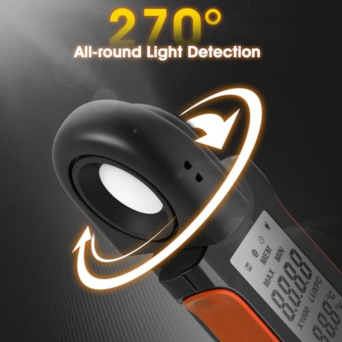 BTMETER orange illuminance light meter with Bluetooth and digital lumen photometer display