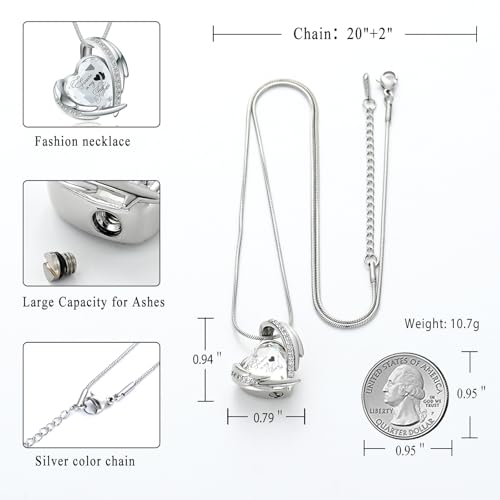 Heart Urn Necklace for Ashes for Women Girl Cremation Jewelry with Crystals Memorial Lockets Urn Pendant for Human Ashes Forever in My Heart/Always in my heart Silver-White-Forever