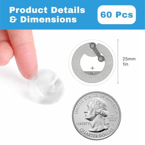 Pack of 60 NFC Tag Stickers - Rewritable Ntag215 Stickers - 504 Bytes Memory - Self Adhesive & Waterproof - Compatible for All NFC Enabled Phones and Devices - 25mm Diameter