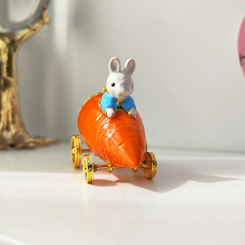 Hand Painted Enamel Animal Mini Trinket Box, Hinged Unique Mini Ring Necklace Jewelry Organizer, Classical Bejeweled Storage, Figurine Collectible Keepsake Home Decor (Carrot Rabbit) Carrot Rabbit