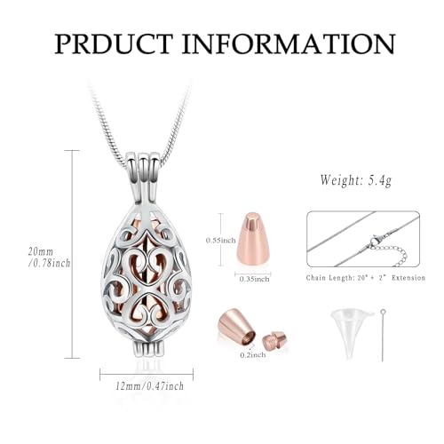 Hollow Jar Urn Necklace for Ashes Forever in my heart Teardrop Memorial Locket Pendant Cremation Jewelry for Women Men Silver-Rose