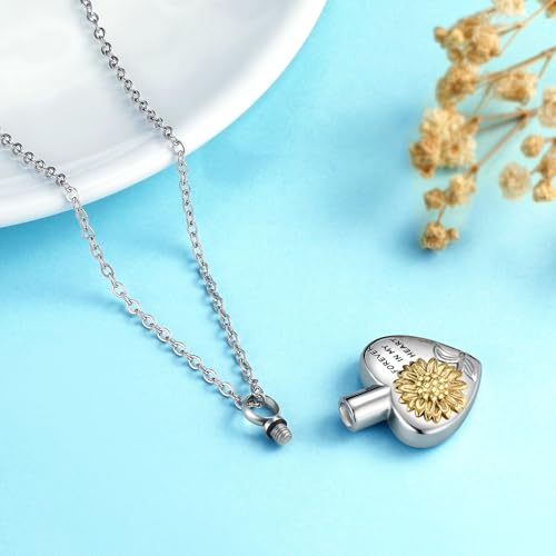Heart Urn Necklaces for Ashes for Women Stainless Steel Cremation Jewelry for Ashes Sunflower-Forever in My Heart