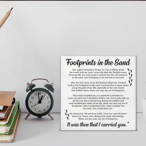 Footprints in the Sand Wood Block Sign Christian Religious Decorative Desk Sign Office Home Shelf Tabletop Decor 5 X 5 Inches