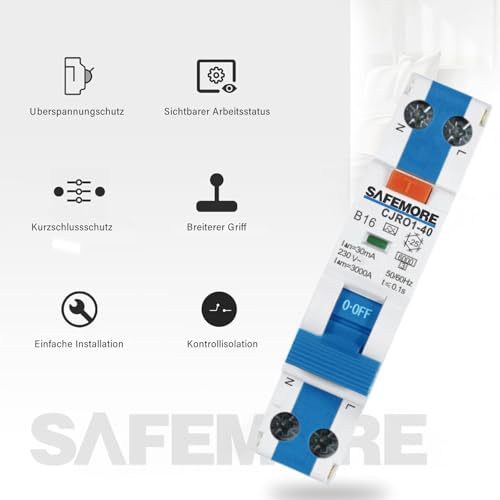 FI/LS Switch B16 Type A 30mA 1P+N 6kA 1TE TÜV-Approved Blue | 2-in-1: FI and line protection in one device. Space-saving 1TE construction. Can be fed on both sides B-16A