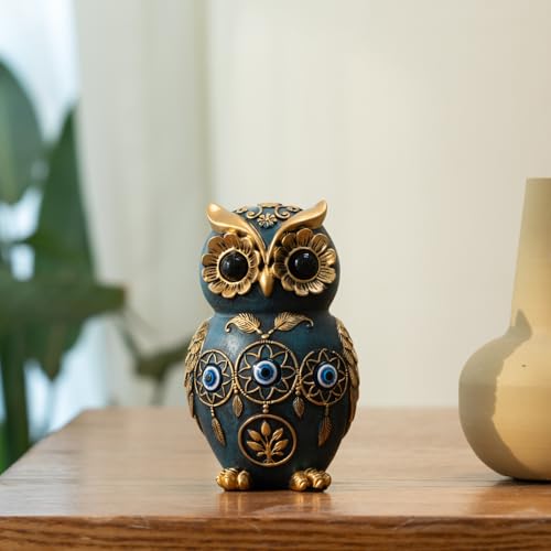 Blue Owl Statue with Evil Eye & Dreamcatcher Decor - 4.8" Resin Owl Figurine for Shelf, Desk & Living Room - Gold Accents Wisdom Bird Sculpture - Unique Boho Spiritual Protection Gift for Women, Mom Blue