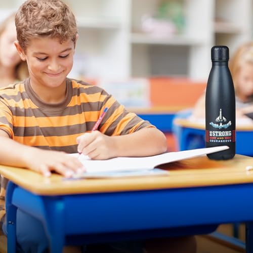 Christian Art Gifts Slim Stainless Steel Water Bottle For Boys: Strong & Courageous Inspirational Scripture, Double Wall Vacuum Insulated, Navy Blue Space Design, 17 oz. Navy Blue/Strong & Courageous