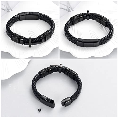 Minicremation Cross Cremation Jewelry Urn Bracelet for Ashes Genuine Leather for Women Men Keepsake Memorial Cuff Bangle Braided Wristband Bracelet for Men Black-A 22cm/8.66"
