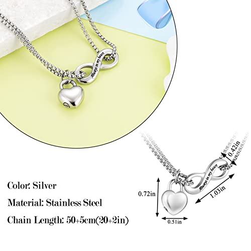 XIUDA Infinity Urn Necklace for Human Ashes Always in My Heart Cremation Necklace Stainless Steel Memorial Ash Jewelry for Women Silver