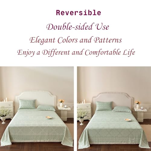 Twin sage green cotton boho reversible throw blanket by CinYana, showing textured pattern and cozy fabric.
