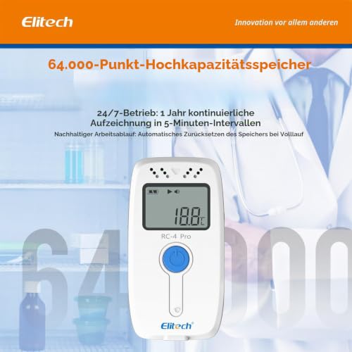 Elitech RC-4Pro Reusable Temperature Data Logger -40~85°C USB Data Logger for PDF & CSV 64000 Records with Free Software & Acoustic Alarm for Laboratory Temperature Monitoring Temperature RC-4 Pro 1