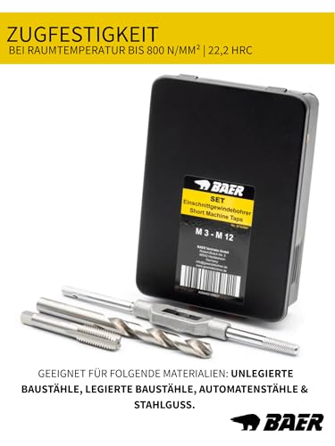 BAER Thread Cutter Set M3-M12 HSS-G | 15 Pieces for Internal and External Thread | Thread cutting set for steel and cast steel up to 800 N/mm², tap and core hole drill + tap wrench, in metal case