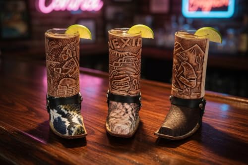 Mexican Boot Shot Glass - Handmade Hand Tooled Leather Mini Boot Tequila Shot - Cowboy Boot Glasses - Assorted Colors - 3 Pack - Approximately 5 1/2" H x 6" W random