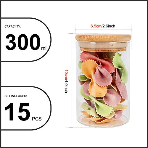 Set of 15 DHSBTLS 8 oz glass jars with bamboo lids, ideal for kitchen storage and pantry organization.