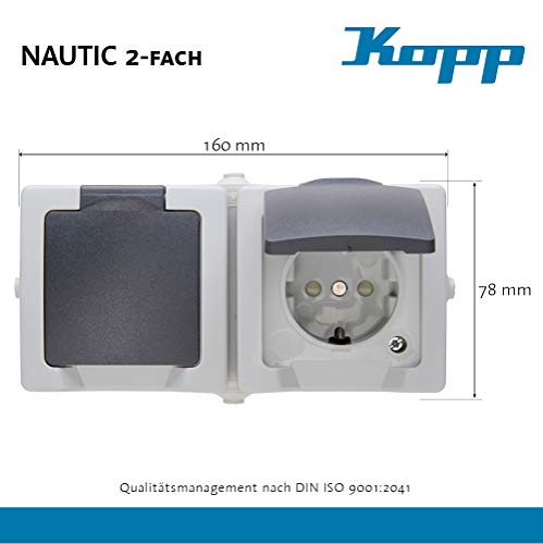 Kopp Nautic Double Socket Surface-Mounted for Wet Rooms with Hinged Lid & Touch Protection, Earthing Contact Socket 16 A / 250 V / IP44, Surface-Mounted Socket, Grey, 137056002 2-gray 2-gang horizontal