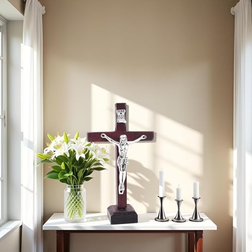 Mozff Wall and Table Wood Cross Crucifix, Crucifix Wall Cross Wooden Catholic Cross With Stand Religious Christian Standing Church Home Ornaments For Prayers