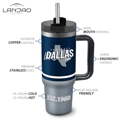 Tumbler 30oz Straight Skinny Portable Handle Car Cups With Anti slip Sleeve Straw Dust Cover, Sports Travel, Stainless Steel Insulated Gifts for Men Women Fans Dallas