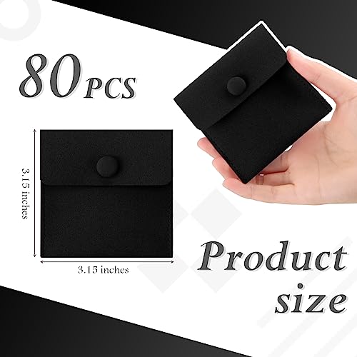 Bonuci Microfiber Jewelry Pouch 8x8cm, Jewelry Packaging Bag Luxury Small Gift Bags Package Snap Button with Divider Microfiber Bag for Bracelet Necklace Packaging Black 80