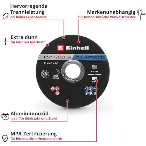 Einhell 10-Piece Thin Cutting Discs Stainless Steel Diameter 125 x 1 mm | Precision Cut | Metal Processing | 22.23mm Bore | MPA Certified | Straight Design | Includes Tin 125 x 1,0 mm 10 Stk.