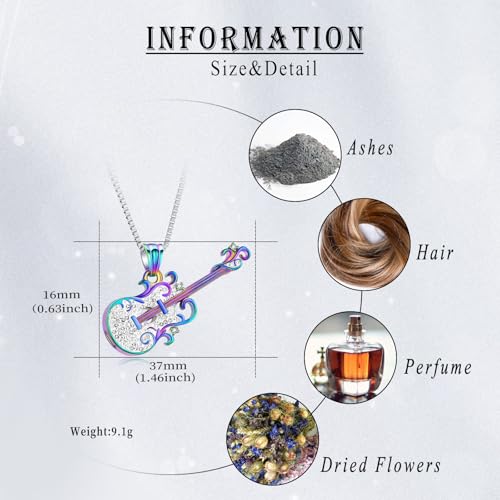 Guitar Cremation Jewelry for Ashes Stainless Steel Urn Necklace for Ashes Musical Instrument Memorial Pendant Keepsake Jewelry Music Guitar Urn Necklace for Women Men rainbow