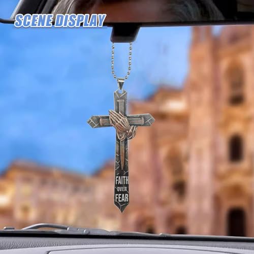 Praying Hands Cross Car Pendant - Faith Over Fear Inspirational Decoration Car Rear View Mirror Charm - 2D Flat Acrylic Religious Cross Vehicle Mirror Hanging Ornament for Women Men (Gold) Gold