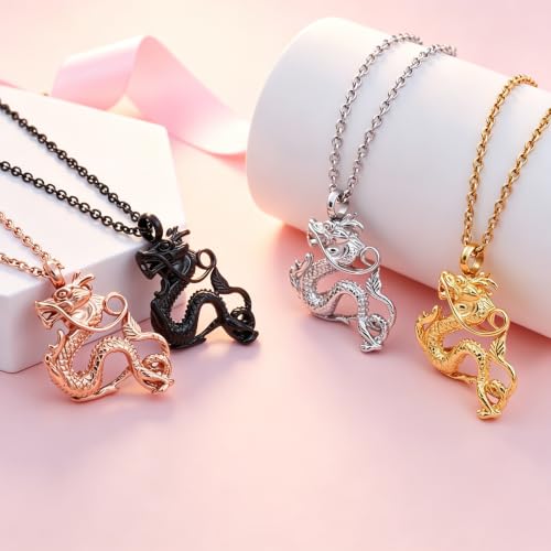 Chinese Dragon Cremation Necklace for Ashes — Dragon Urn Pendant Memorial Keepsake Jewelry for Men Women, Sympathy Remembrance Ash Holder with Screw-Top Seal Silver