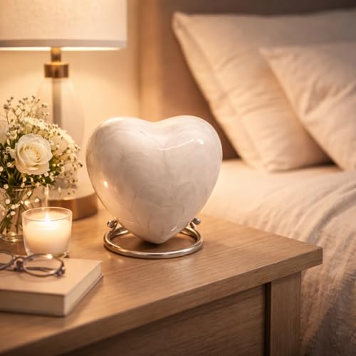 Heart Keepsake Urn for Human Ashes - High Gloss Cremation Urn with Stand and Velvet Bag, Perfect for Adults & Infants (White) White