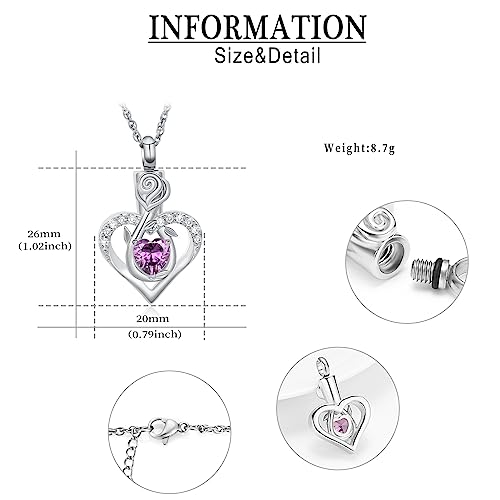 Roseflower Cremation Jewelry Heart Urn Necklace for Ashes for Women Gilrs Memorial Keepsake Birthstone Pendant Necklaces for Ashes of Loved Ones Silver-purple