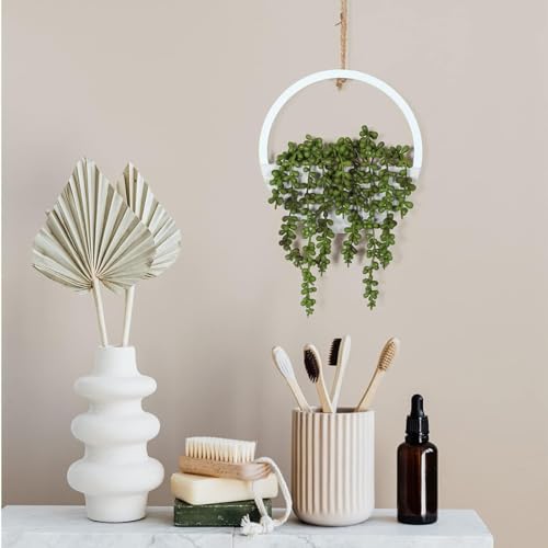 Hanging Plant Artificial Succulents Fake String of Pearls Plants 12.2'' in Wooden Pot for Indoor Outdoor Wall Decor (1PCS) Green-1pcs