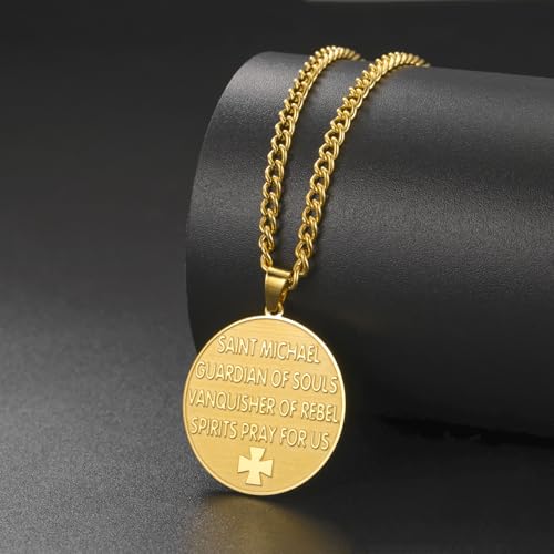 TEAMER Saint Michael Necklace Stainless Steel St. Michael Pendant The Great Protector Archangel Amulet Necklace Religious Jewelry For Men Women Gold