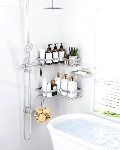 Sakugi Large Corner Shower Caddy 3-pack with soap holder and hooks, silver finish, ideal for organizing bathroom showers