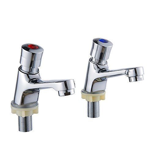 Pair Bathroom Sink Taps 1/2 Hot Cold Mixer Non Concusive Push Button Self Closing Lever Basin Tap Set Chrome Twin Press Water Toilet Faucet