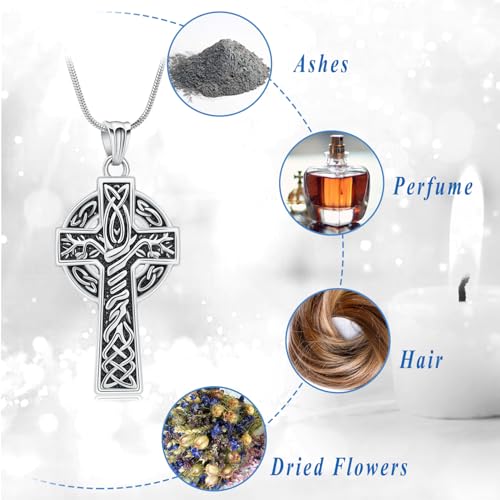 Cross Urn Necklace for Ashes for Men Celtic Knot Cremation Jewelry Keepsake Necklace Tree fo Life Memorial Pendant for Ashe Holder Silver