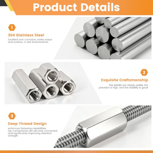 Luyostik M10x1.5 hex coupling nuts, 60mm full-thread 304 stainless steel, 6-pack