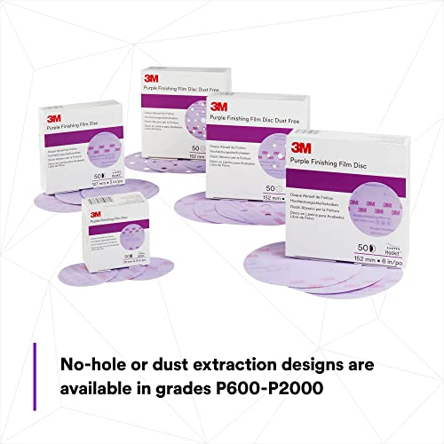 3M Hookit Purple P2000 finishing film abrasive disc, 6-inch fiber-backed disc for clear coat sanding, 50 pack