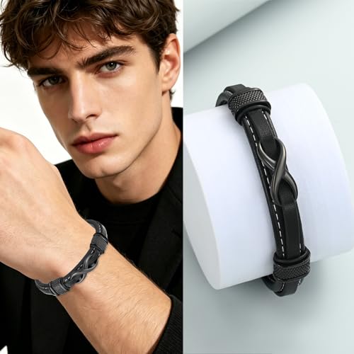 Imrsanl Cremation Bracelet for Ashes Infinity Leather Bangle for Men Women Urn Bracelets Memorial Jewelry Loved Ones Funeral Keepsake Ashes Holder Black-22cm