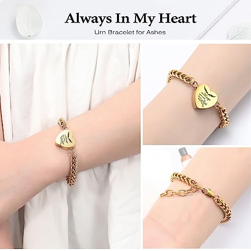 zeqingjw Heart Cremation Memorial Urn Bracelet for Ashes for Women Stainless Steel Adjustable Keepsake Bangle Cremation Memorial Ash Jewelry Gold