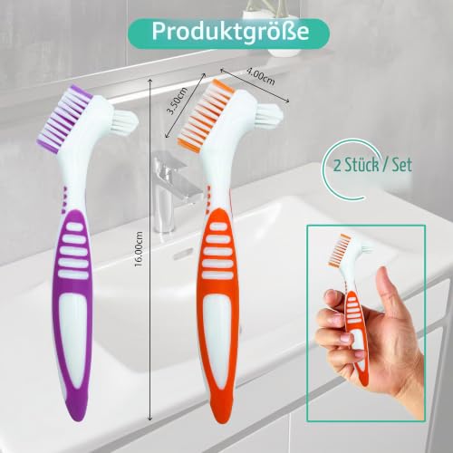 2 Pack Denture Toothbrush, Mini Toothbrush, Double Angle Brush Head, Portable Ergonomic Denture Cleaning Brush, Dental Device (Green + Orange) Green + Orange