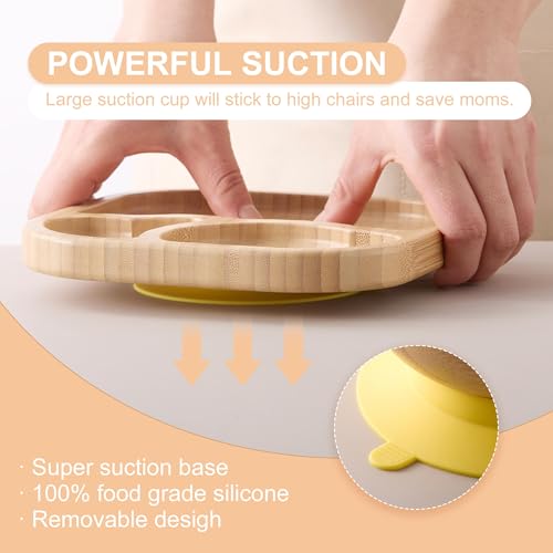 Suction Plates Bowls Set for Baby Toddler Non-Toxic Bamboo Feeding Set with Silicone Fork & Spoon (Yellow Feeding Set) Yellow Feeding Set