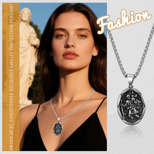 Oidea Saint Christopher Necklace: St Christopher Necklace for Men Women Stainless Steel Bless Safety Medal Pendant Religious Amulets Jewelry Gifts for Parent Family Friends silver