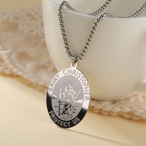Amaxer Saint Christopher Necklace Saints Medal Religious Protection Amulet Stainless Steel Jewellery Pendant Box Chanin Necklace for Women Men (Silver)